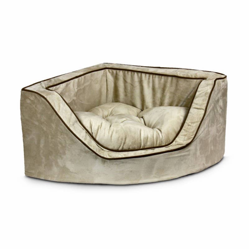 Luxury Overstuffed Corner Dog Bed with Microsuede: Buckskin / Java / Small